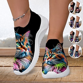 Women's Sneakers Slip-Ons Print Shoes Flyknit Shoes Comfort Shoes Outdoor Daily Cat Flat Heel Fashion Casual Tissage Volant Yellow Pink Blue