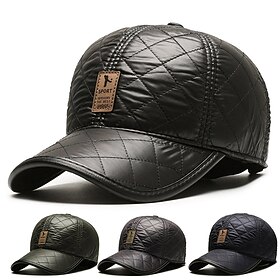 Men's Baseball Cap Winter Hats Black Deep Blue PU Leather Warm Outdoor Vacation Plain Thermal Adjustable Windproof Fashion