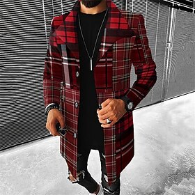 Purple Plaid Trench Coat Mens Graphic Jacket Business Casual Work Wear To Going Out Fall  Winter Stand Collar Long Sleeve Black Yellow Red Xl Polyester