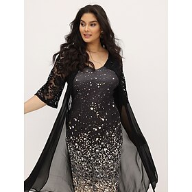 Women's Plus Size Curve Party Dress Lace Dress Cocktail Dress Gradient Midi Dress 3/4 Length Sleeve Print Lace V Neck Elegant Wedding Guest Dress