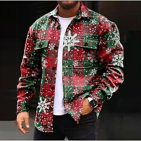 Christmas Men's Snowflake Christmas Scene Flannel Shirt Shirt Jacket Overshirt Long Sleeve Casual Christmas Outdoor Street Fall  Winter Turndown Buttons Pocket