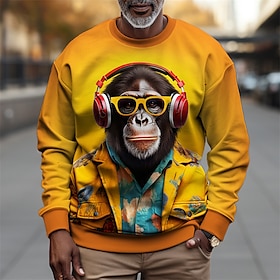 Graphic Orangutan Men's Fashion 3D Print Golf Pullover Sweatshirt Holiday Vacation Going Out Sweatshirts Yellow Purple Long Sleeve Crew Nec