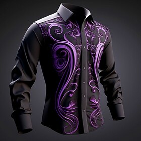 Men's Shirt Button Up Shirt Long Sleeve Artistic Daily Wear Going out Fall Winter Turndown Print Button-Down Light Blue Black Purple Green