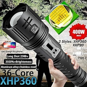 High Power XHP360 LED Flashlight 36-Core/4-Core Tactical USB Torch Telescopic Zoom Powerbank Hunting Light 18650Battery