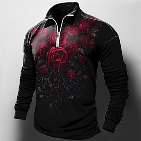 Valentine's Day Rose Men's Abstract Print 3D Zip Polo Outdoor Casual Daily Streetwear Polyester Long Sleeve Zip Polo Shirts Wine Green Spri