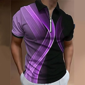 Linear Men's Casual Print 3D Zip Polo Golf Polo Outdoor Daily Wear Streetwear Polyester Short Sleeve Turndown Zip Polo Shirts Pink Blue Spr