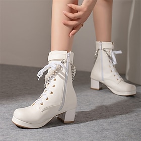 Women's Boots Combat Boots White Shoes Lolita Wedding Party Daily Solid Color Booties Ankle Boots Imitation Pearl Block Heel Round Toe Casual PU Zipper Black W