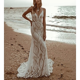 Beach Vintage Open Back Wedding Dresses Mermaid / Trumpet Camisole V Neck Sleeveless Sweep / Brush Train Chiffon Bridal Gowns