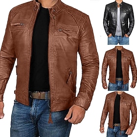 Men's Faux Leather Jacket Transition Jacket Jacket Biker Jacket Outdoor Daily Thermal Warm Windproof Full Zip Fall Solid Color Streetwear Casual Stand Collar R