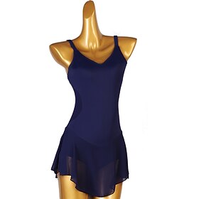 Figure Skating Dress Women's Girls' Ice Skating Dress Dark Navy Patchwork Open Back Mesh High Elasticity Training Competition Skating Wear Classic Sleeveless I