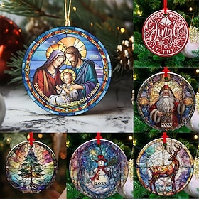 Christmas 2023 Ornament, Stained Glass Ornament Christmas Acrylic Round Pendant Stained Glass Christmas Tree Ornament for Christmas Tree Decor Christmas Round