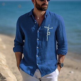 55% Linen Print Men's Shirt Linen Shirt Blue Long Sleeve Faith Lapel Spring   Fall Outdoor Daily Clothing Apparel