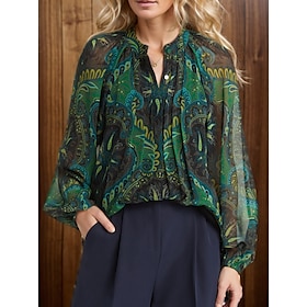 Women's Shirt Blouse Graphic Paisley Ethnic St.Patrick's Day Work Casual Lantern Sleeve Green Print Button Long Sleeve Fashion V Neck Regul