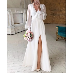 Reception Little White Dresses Simple Wedding Dresses A-Line V Neck Long Sleeve Floor Length Chiffon Bridal Gowns With Ruched