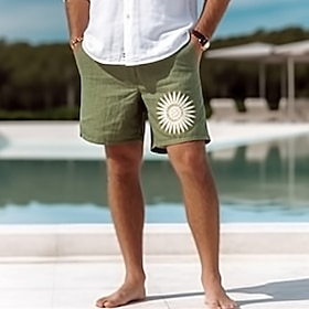 Men's Shorts Linen Shorts Summer Shorts Drawstring Elastic Waist Straight Leg Embroidery Comfort Breathable Short Casual Daily Holiday Linen Cotton Blend Fashi