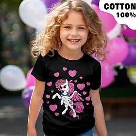 Valentines Girls' 3D Heart Unicorn Tee Shirt Short Sleeve 3D Print Summer Active Fashion Cute 100% Cotton Kids 3-12 Years Crew Neck Outdoor Casual Daily Regula