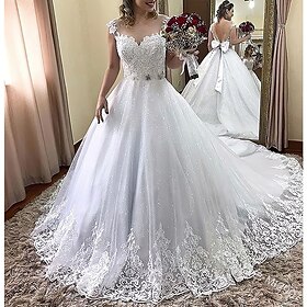 Engagement Formal Wedding Dresses Ball Gown Illusion Neck Cap Sleeve Court Train Lace Bridal Gowns With Bow(s) Appliques 2024