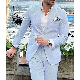 Sky Blue Men's Seersucker Suits Homecoming Wedding Party Beach Wedding Suits Spring  Summer Striped 2 Piece Fashion Daily Business Plus Size Single-Breasted Tw