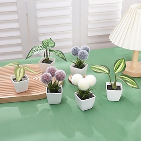 6pcs/set Mini Green Plant Decoration Simulating Small Tree Hair Dall Flower Potted Plants Suitable For Placing Desktop Shelves And Window Sills In Home And Off