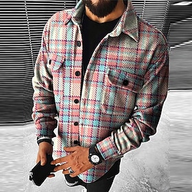 Men's Plaid Geometric Pattern Shirt Jacket Overshirt Long Sleeve Fashion Going out Weekend Fall Winter Turndown Print Pink Blue Sky Blue Vivid Pink Orange
