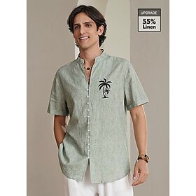 55% Linen Print Men's Shirt Linen Shirt Green Short Sleeve Coconut Tree Graphic Prints Stand Collar Summer Spring Outdoor Street Clothing A