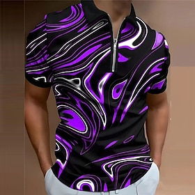 Optical Illusion Men's Abstract Print 3D Zip Polo Outdoor Daily Wear Streetwear Polyester Short Sleeve Turndown Zip Polo Shirts Blue Purple