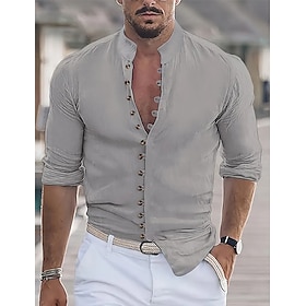 Men's Shirt Linen Shirt Button Up Shirt Beach Shirt Black White Pink Long Sleeve Plain Band Collar Spring  Summer Casual Daily Clothing App