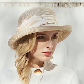 Hats Straw Synthetic Fibre Straw Hat Sun Hat Wedding Tea Party Elegant Wedding With Beading Splicing Headpiece Headwear