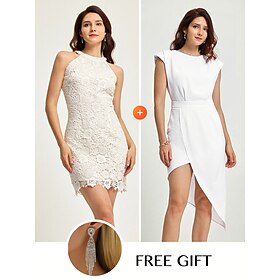 (Free Earrings) Two White Elegant Dresses Matching Sets