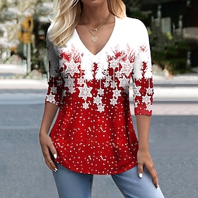 Women's T Shirt Tee Snowflake Weekend Red Print Long Sleeve Festival / Holiday Christmas V Neck Regular Fit Spring   Fall