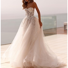 Beach Open Back Formal Wedding Dresses Ball Gown Sweetheart Sleeveless Sweep / Brush Train Tulle Bridal Gowns With Appliques Solid Color 20