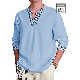 Elite Men's Shirt 55% Linen Shirt Upgrade Embroidered Striped Graphic Prints Stand Collar Blue Khaki Gray Outdoor Street Long Sleeve Print