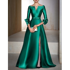 A-Line Floor Length Evening Gown Ball Gown Formal Dress Elegant Silky 3/4 Length Sleeve V Neck Wedding Guest Cocktail Party Satin with Slit