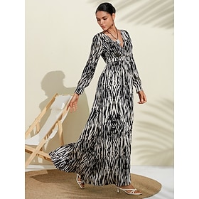 Women's Spotted Print Satin Abstract Marble Print V Neck Long Sleeve Black Swing Vacation Long Maxi Dress
