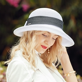 Hats Fiber Bucket Hat Floppy Hat Straw Hat Wedding Casual Elegant Sun Protection With Bowknot Splicing Headpiece Headwear
