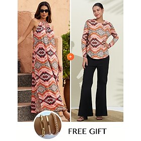 (Free Bracelets)Geometric Dress Casual Top Matching Sets