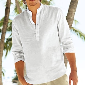 Men's Shirt Linen Shirt Popover Shirt Beach Shirt White Pink Long Sleeve Plain Standing Collar Spring  Summer Casual Daily Clothing Apparel