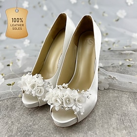 Women's Heels Wedding Shoes Dress Shoes Wedding Party Wedding Heels Flower Stiletto Heel Peep Toe Elegant Satin Loafer White