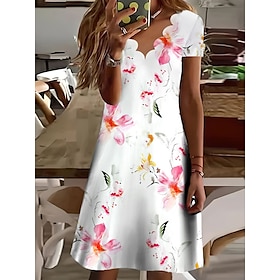 Women's Casual Dress Shift Dress Floral Dress Mini Dress White Pink Red Short Sleeve Floral Print Summer Spring Scalloped Neck Fashion Vaca