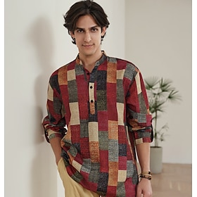 Men's Shirt Casual Shirt Plaid / Check Graphic Prints Geometry Stand Collar Yellow Outdoor Street Long Sleeve Print Clothing Apparel Fashio