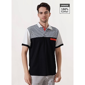 Men's Polo Shirt Button Up Polos Casual Sports Lapel Short Sleeve Fashion Basic Color Block Stripes Patchwork Pocket Summer Regular Fit Nav