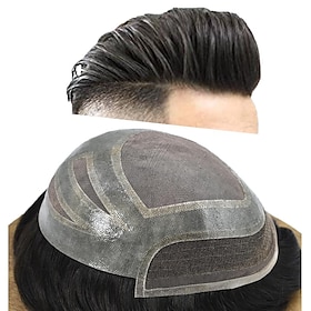 Mens Toupee Human Hair Pieces Replacement System For Men Breathable French Lace Mens Wigs Hairpiece Poly Skin PU Around Hair Unit Patch For