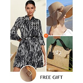 (Free Earrings) Satin Abstract Print Tie Front Mini DressParty Metallic BagStraw Hat Matching Sets