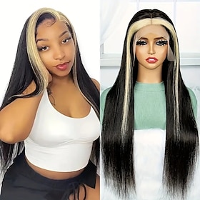 Ishow Hair  Barroko 1B/613 Skunk Stripe Colored Lace Frontal Wig Straight Human Hair Wigs 150% Brazilian Pre Plucked Hair For Women