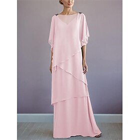 A-Line Floor Length Wedding Guest Dress Formal Dresses Tiered Dress Mother of the Bride Dress Half Sleeve Bateau Neck Elegant Formal Wedding Guest Chiffon with