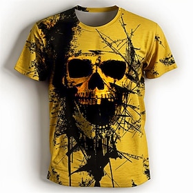 Halloween Men's Graphic Skulls T Shirt Short Sleeve T shirt 3D Print Crew Neck Shirt Daily Designer Retro Vintage Sports Outdoor Holiday Going out Yellow Orang