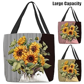 Women's Tote Shoulder Bag Canvas Tote Bag Polyester Shopping Daily Holiday Print Large Capacity Foldable Lightweight Sunflower Striped White Yellow Pink