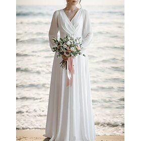 Beach Little White Dresses Wedding Dresses A-Line V Neck Long Sleeve Floor Length Chiffon Bridal Gowns With Sash / Ribbon Pleats 2024