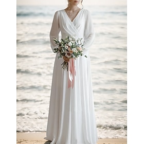 Beach Little White Dresses Wedding Dresses A-Line V Neck Long Sleeve Floor Length Chiffon Bridal Gowns With Sash / Ribbon Pleats 2024