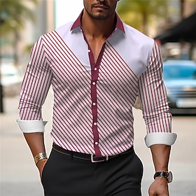 Men's Dress Shirt Printed Shirts Stripe Outdoor Wear to work Black Red Blue Long Sleeve Turndown Spring Summer Clothing Apparel Print